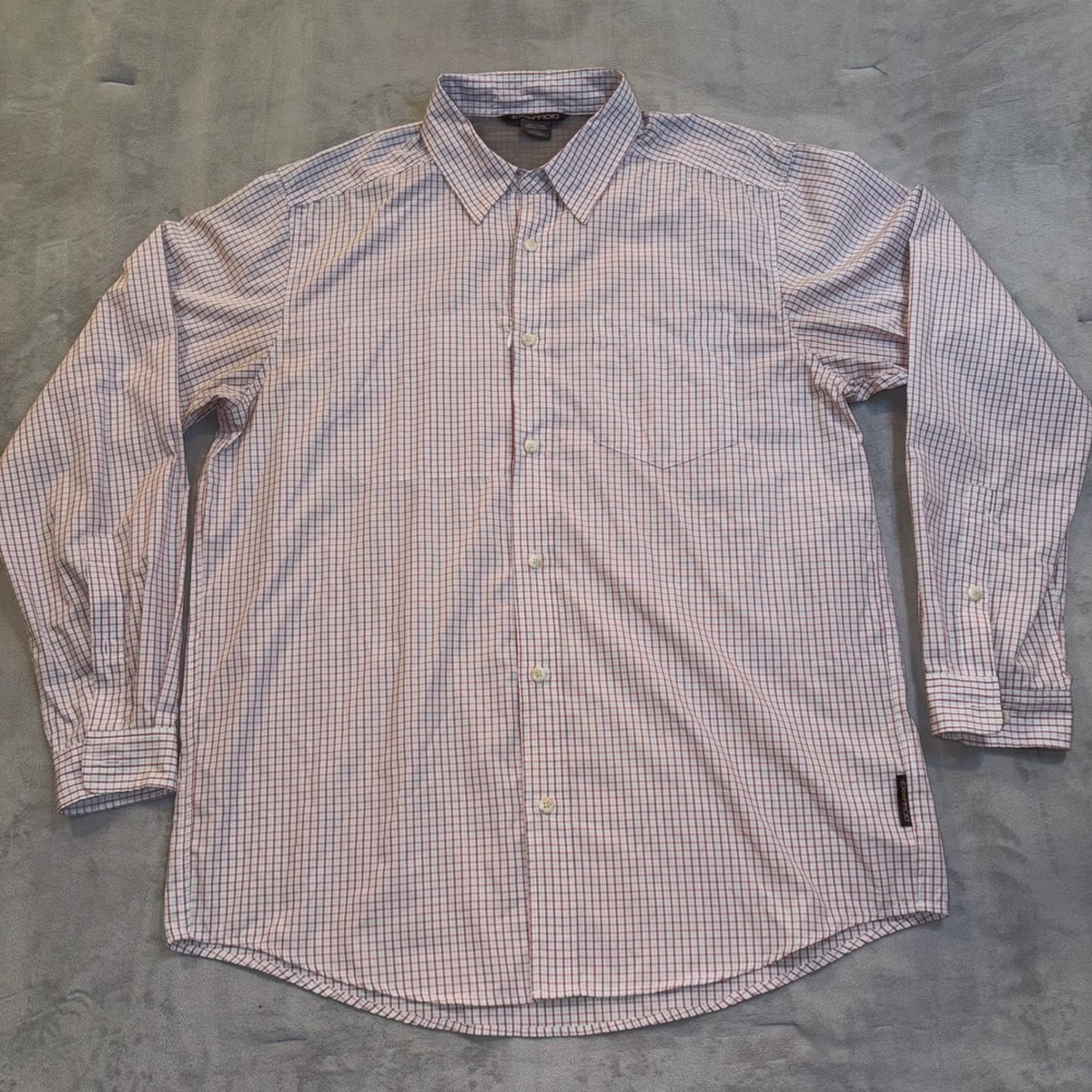 ExOfficio Mens XL Plaid Fishing Hiking Shirt Long Sleeve Button Down White Red